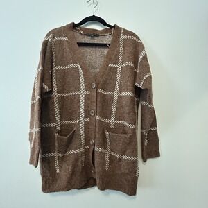 Cyrus Women's Cardigan Sweater Medium Brown White Windowpane Plaid‎ Button Up